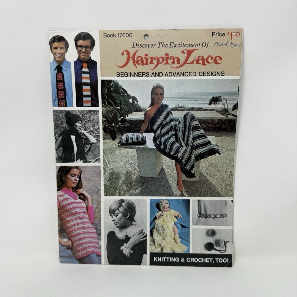 Vintage Hairpin Lace Hat Shawl Vest MOD Style Sweaters Ties Pattern Book Crochet